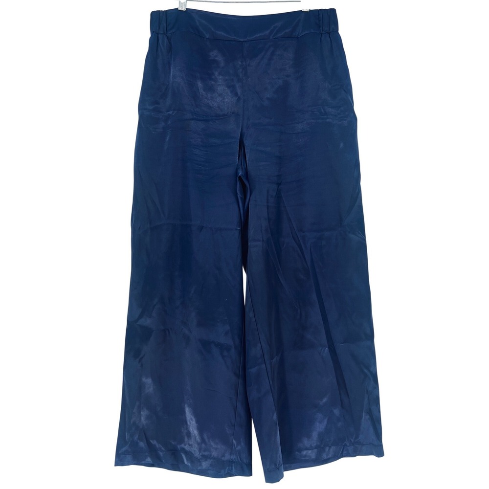 Lane Bryant Pants Women 18 Navy Satin Wide Leg Elastic Back Trouser Pockets Plus